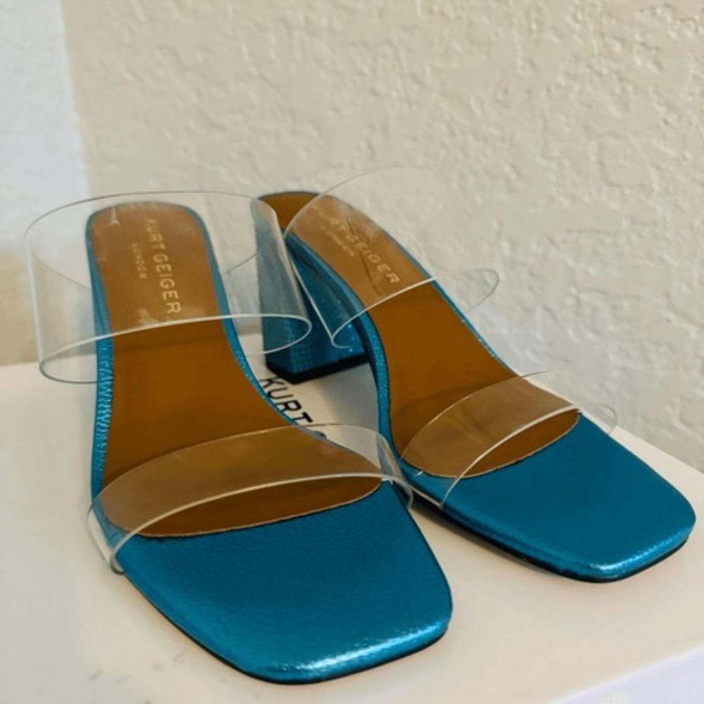 Kurt Geiger Party Clear Block Heel Sandal Glass Slipper Barbie Blue Size 8.5, NW